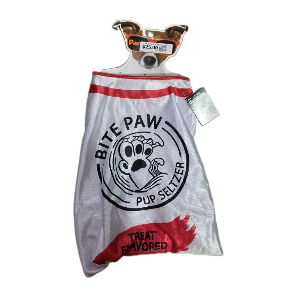 Party Dog Bite Paw Pup Seltzer Pet Costume White Red Dog Shirt L/XL Halloween